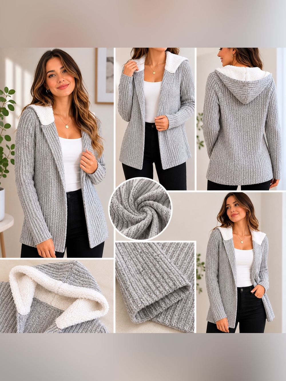 Fashion Nova Gray Ribbed Hooded Cardigan with White Sherpa Trim